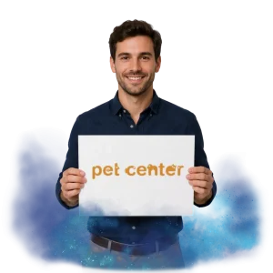 Muž držící bílou ceduli s nápisem "pet center