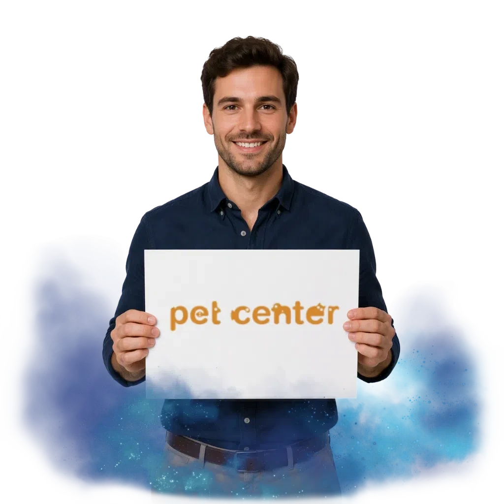 Muž držící bílou ceduli s nápisem "pet center