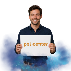 Muž držící ceduli s nápisem "Pet Center".