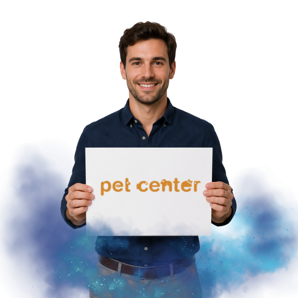 Muž držící ceduli s nápisem "Pet Center".