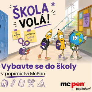 Animované postavy školních pomůcek kráčí chodbou školy