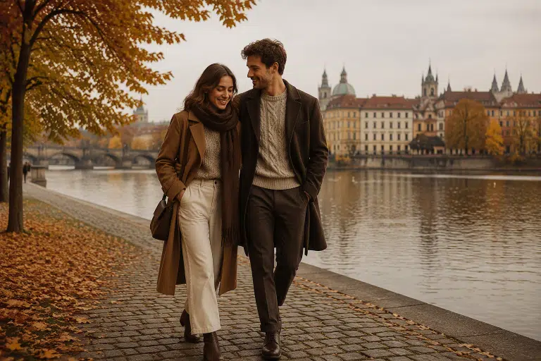 Pár kráčí po podzimní promenádě u řeky, v teplých kabátech